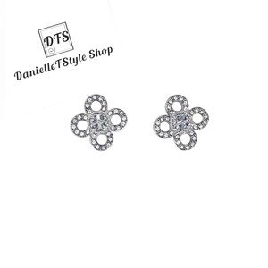 Tory Burch Silver Pave Logo & Clover Stud Earrings with Dust Bag and giftbox